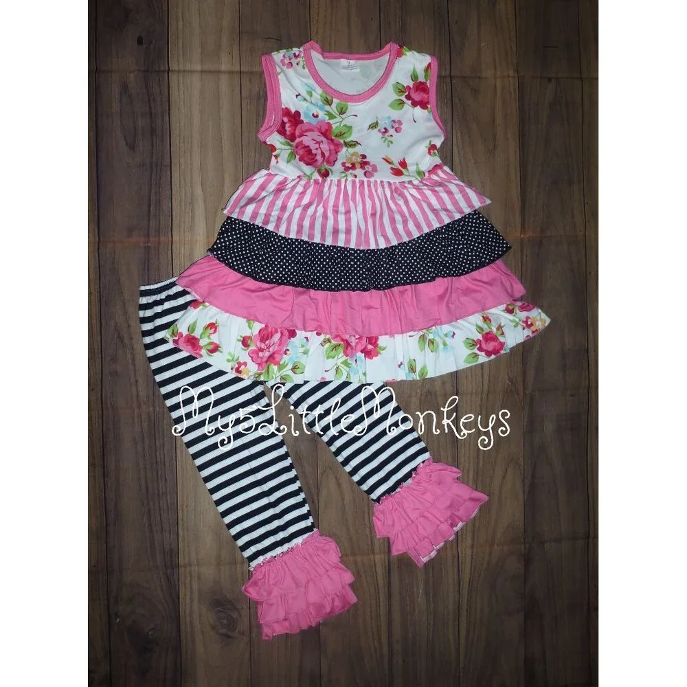 Boutique Floral Tiered Ruffle Tunic Dress & Ruffle Leggings Outfit Set